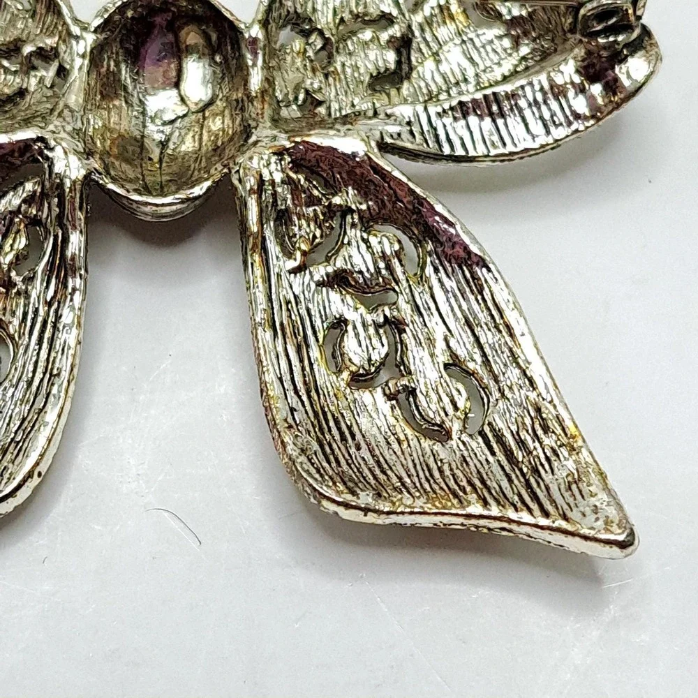 Vintage‎ Silver Tone Bow Brooch Marcasite Style Rhinestone Filigree Pin 2.5